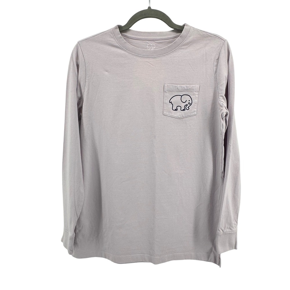 Ivory Ella Long Sleeve T-Shirt Women Small Lavender Gray Elephant Pocket Tee